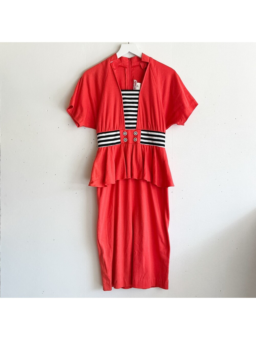 Vicky Vaughn Junior '60s Red Peplum Dress with Black White Stripe Waist Size 7/8